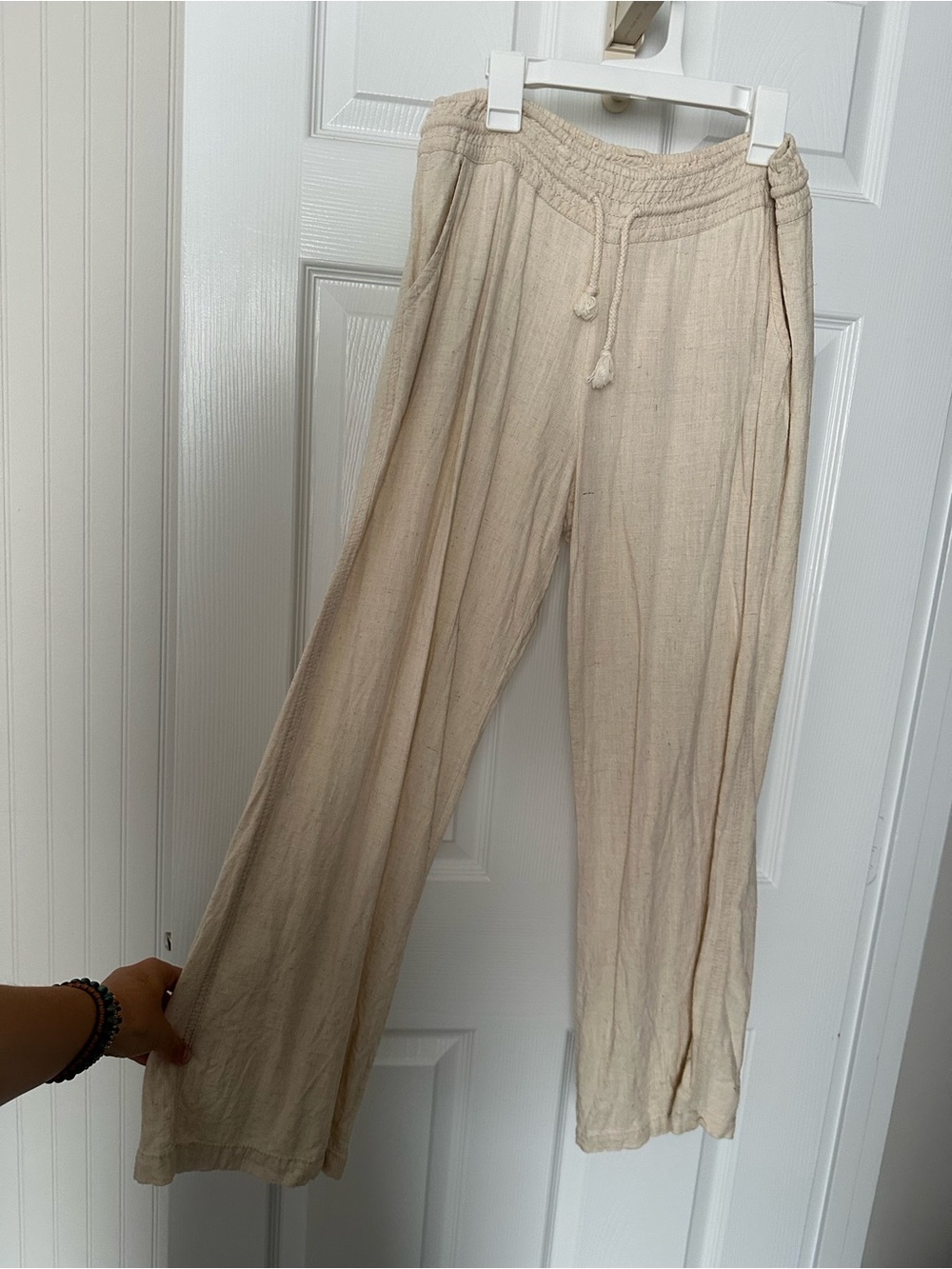 Angel Kiss Neutral Drawstring Linen Blend Wide-Leg Pants